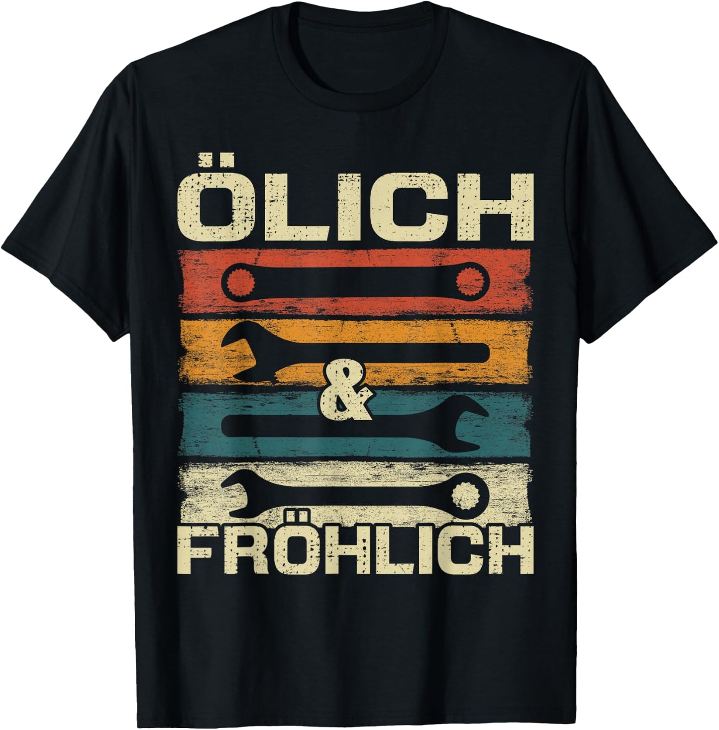 Lustige Werkstatt Geschenke Kfz Mechaniker Ölich aber fröhlich , Herren, Damen, Schwarz, Multicolored, S, EU 38/39, Kurzarm, Retro-Design, Mischgewebe T-Shirt - T-Shirt | Black