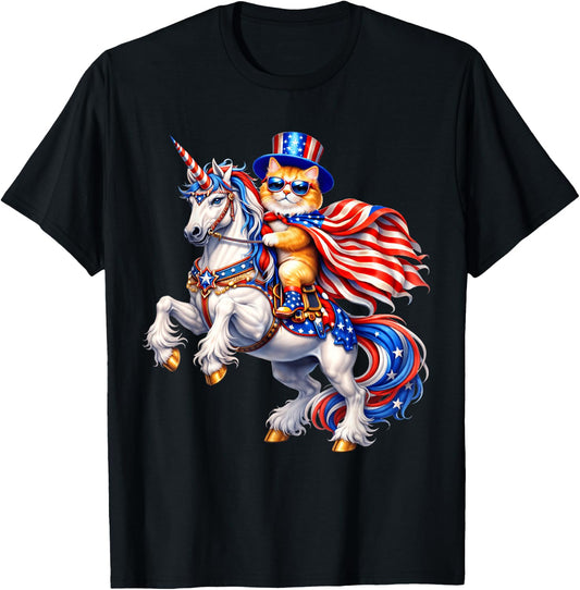 4th of July Patriotic Cat Riding Unicorn USA Flag Kids T-Shirt - T-Shirt | Black