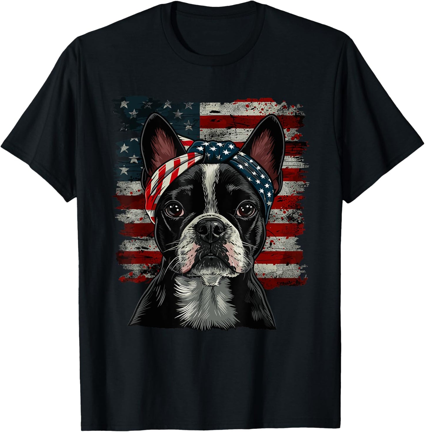Boston Terrier Patriotic 4th Of July USA American Flag T-Shirt - T-Shirt | Black