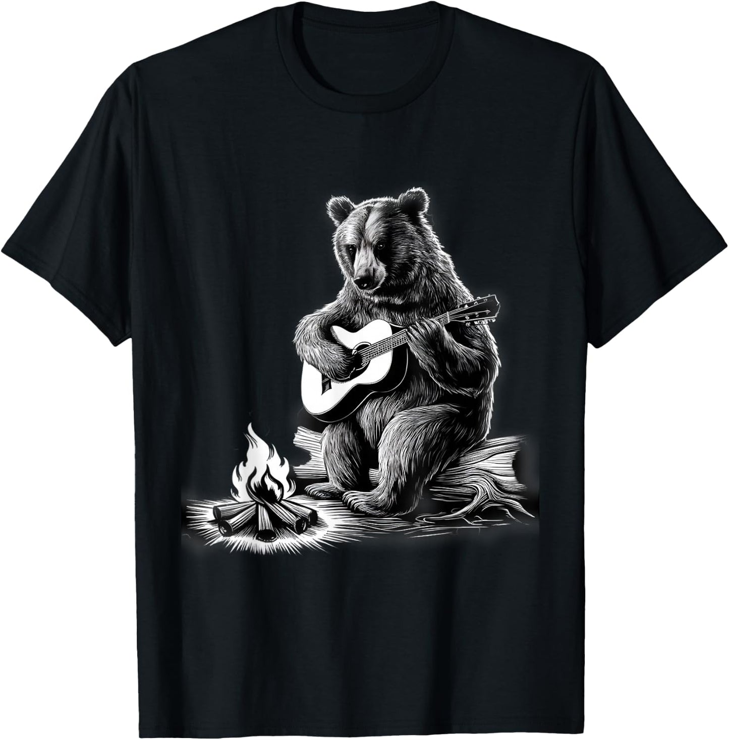 Bear Playing Guitar Rock on Campfire Bear T-Shirt - T-Shirt | Black