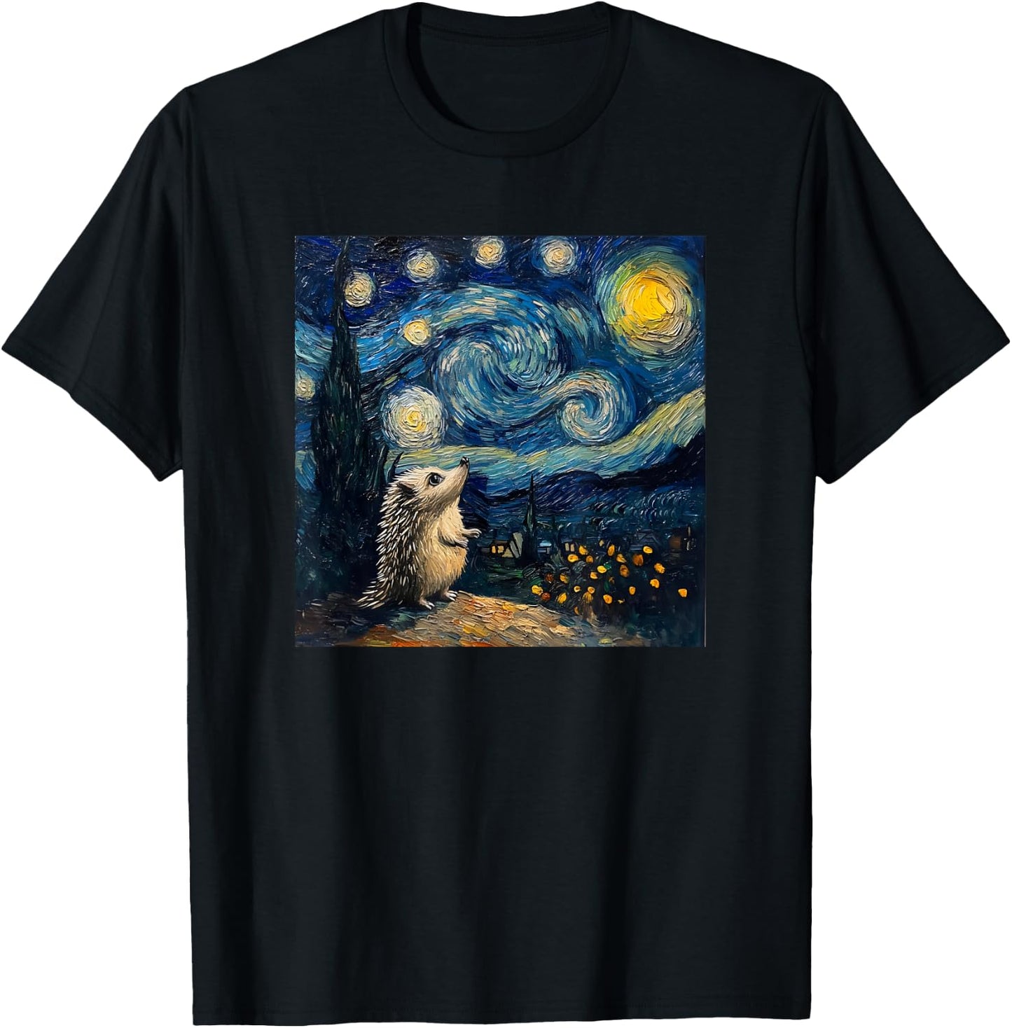 Cute Van Gogh Hedgehog Starry Night Funny Women & Men T-Shirt - T-Shirt | Black