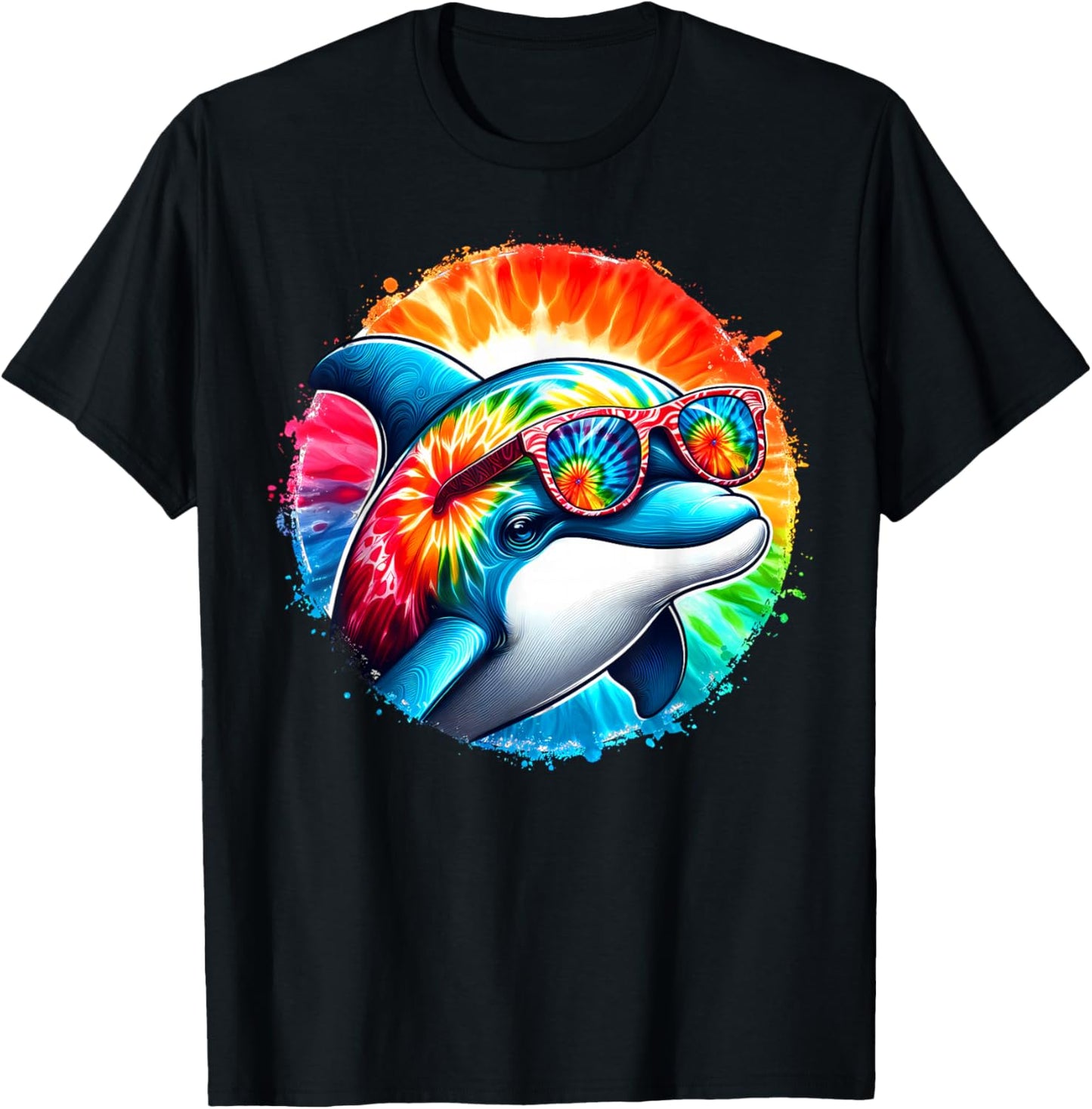 Cool Graphic Tie Dye Sunglasses Dolphin Illustration Art T-Shirt - T-Shirt | Black