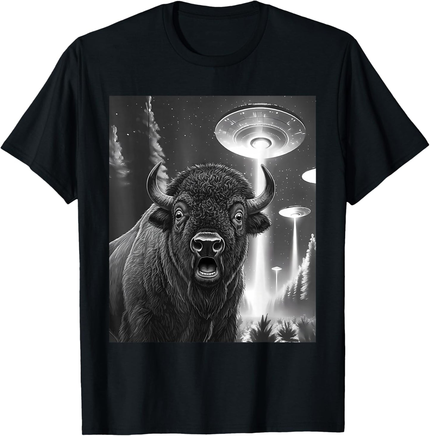Funny Bison Alien UFO Taking a Selfie Animal Lover Retro T-Shirt - T-Shirt | Black