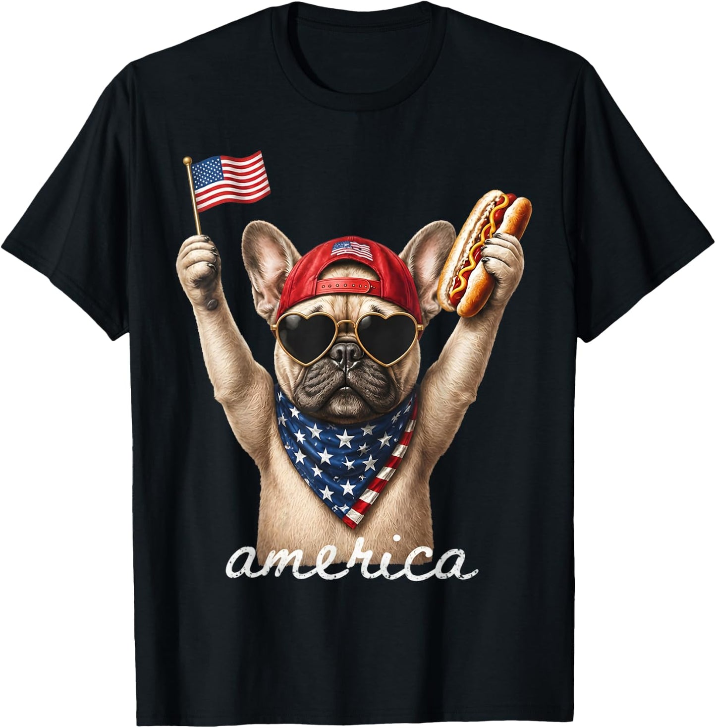 USA America French Bulldog Hot Dog 1776-2026 4th of July T-Shirt - T-Shirt | Black