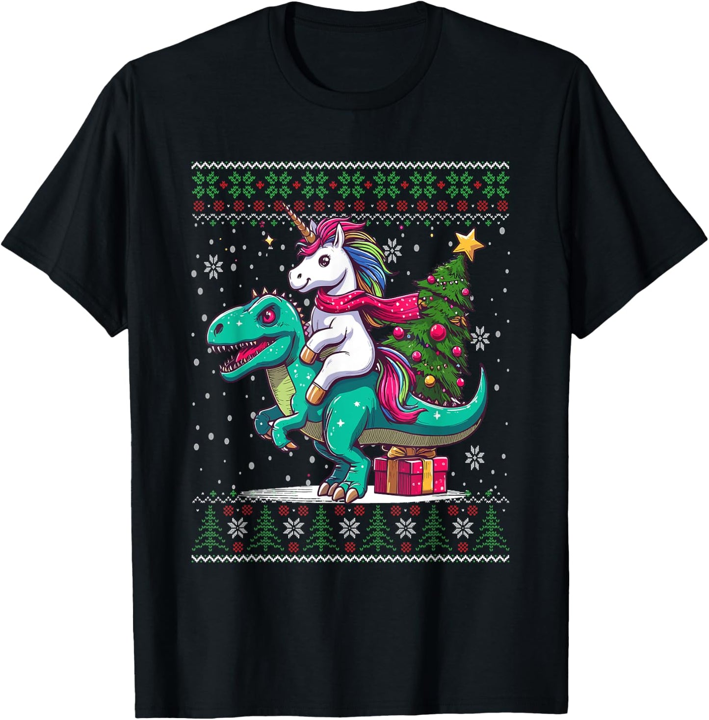 Christmas Unicorn Riding a Dinosaur Ugly Christmas Sweater T-Shirt - T-Shirt | Black