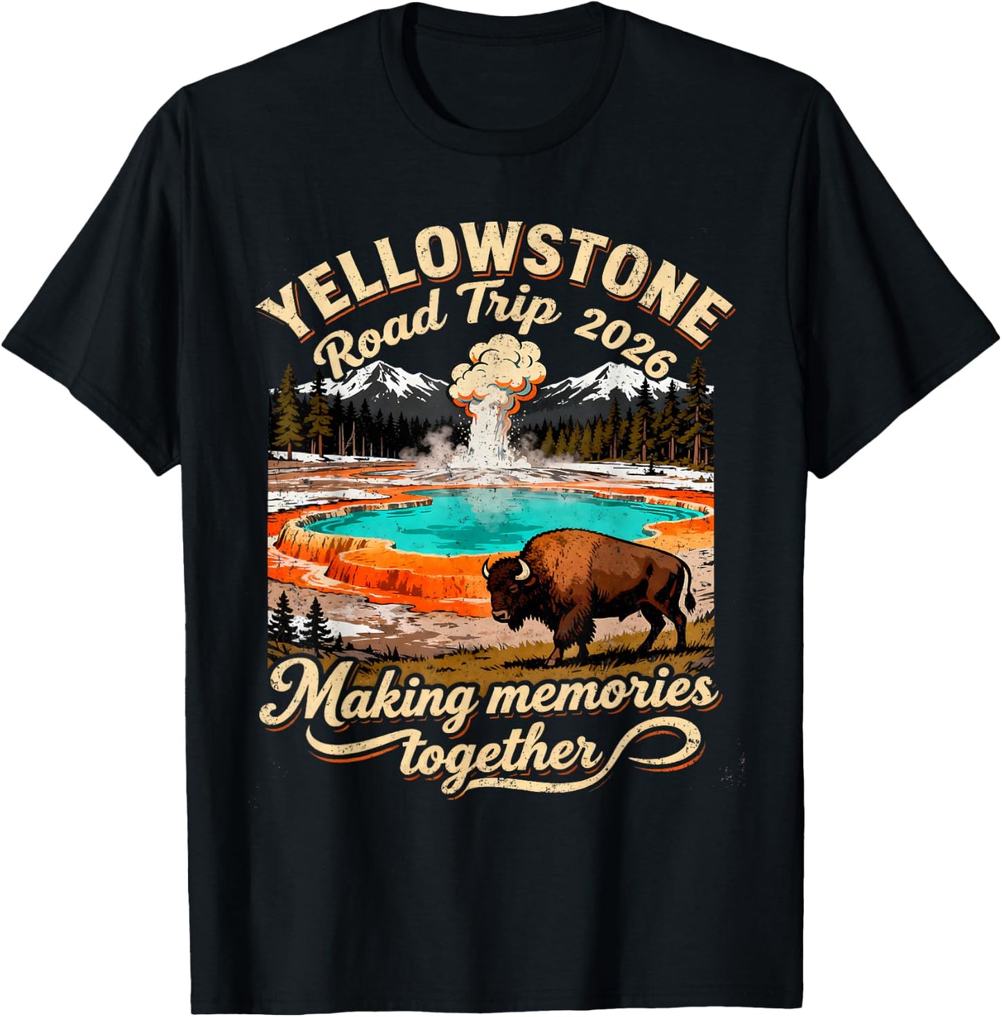 Vintage Yellowstone Road Trip 2026 Mountain Nature Gift T-Shirt - T-Shirt | Black