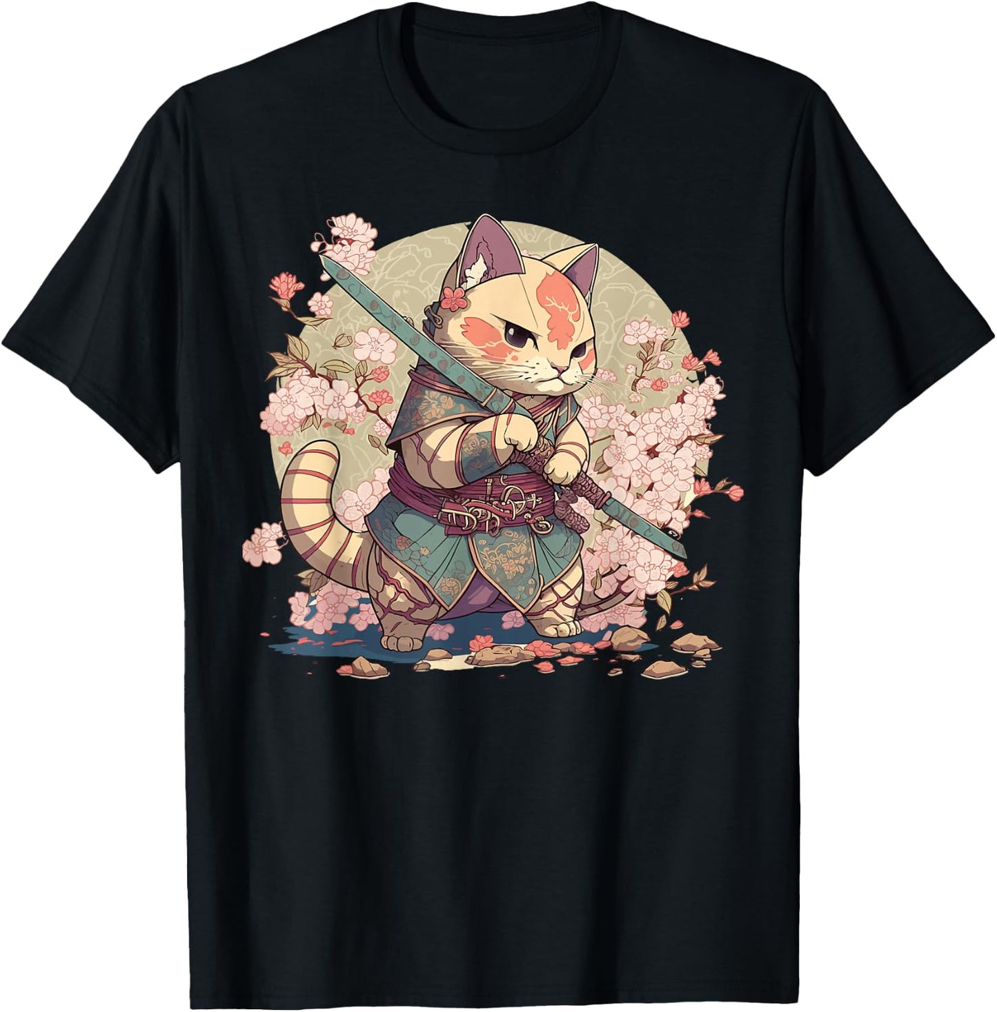 Japanese Samurai Warriors & Funny Kawaii Animes Samurai Cat Warrior Japanische Ninja-Katze Kawaii Schwarz Erwachsene und Kinder Kurzarm Klein T-Shirt - T-Shirt | Black