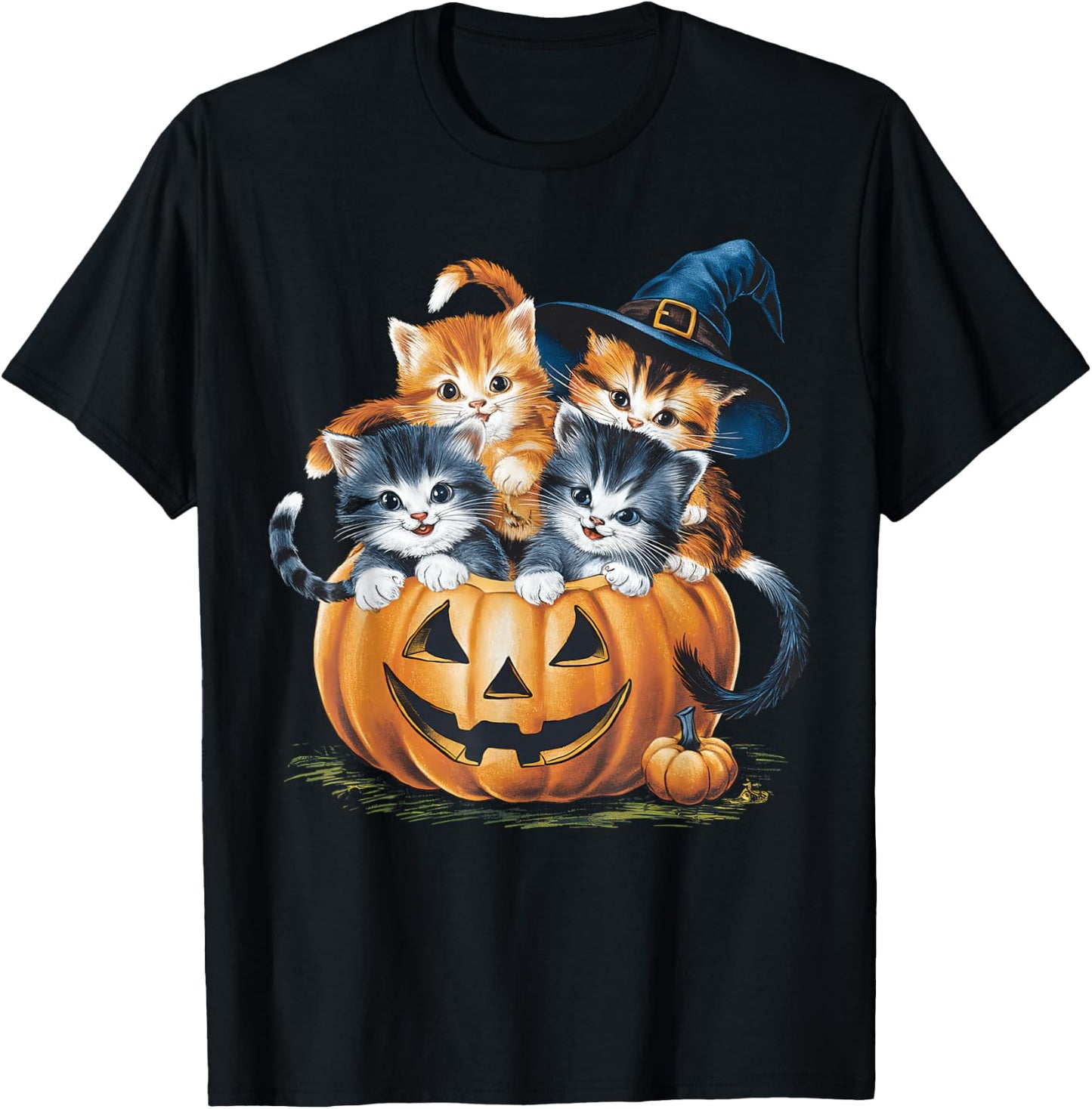 Vintage 90s Cat Pumpkin Halloween Retro Floral Spooky Season T-Shirt - T-Shirt | Black