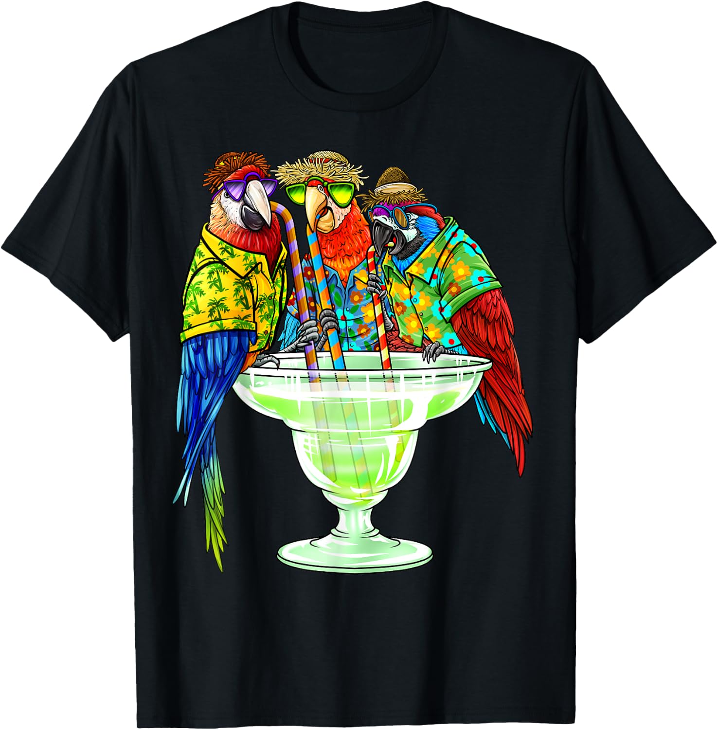 Parrots Drinking Margarita Hawaiian Vacation Birds T-Shirt - T-Shirt | Black