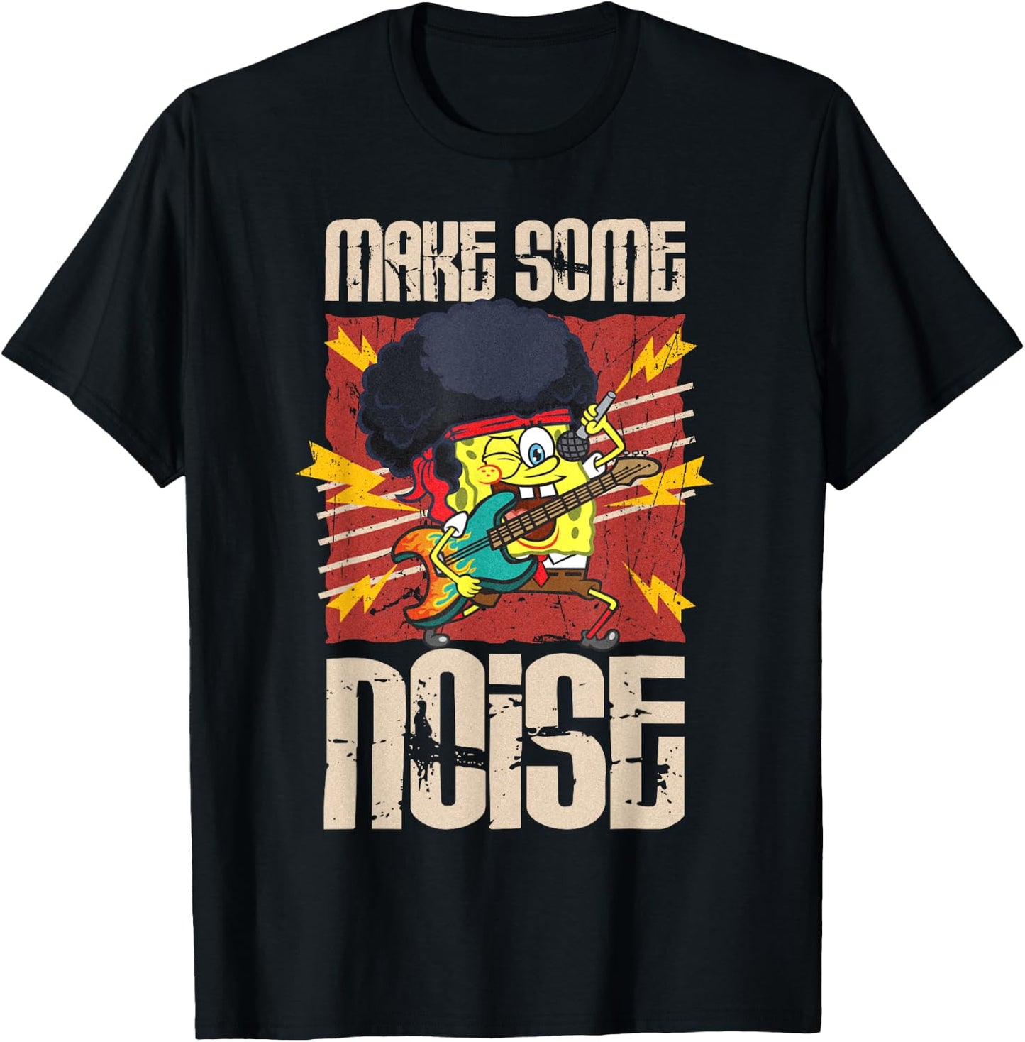 Mademark x SpongeBob SquarePants - SpongeBob Make Some Noise Rock and Roll Heavy Metal Retro T-Shirt - T-Shirt | Black