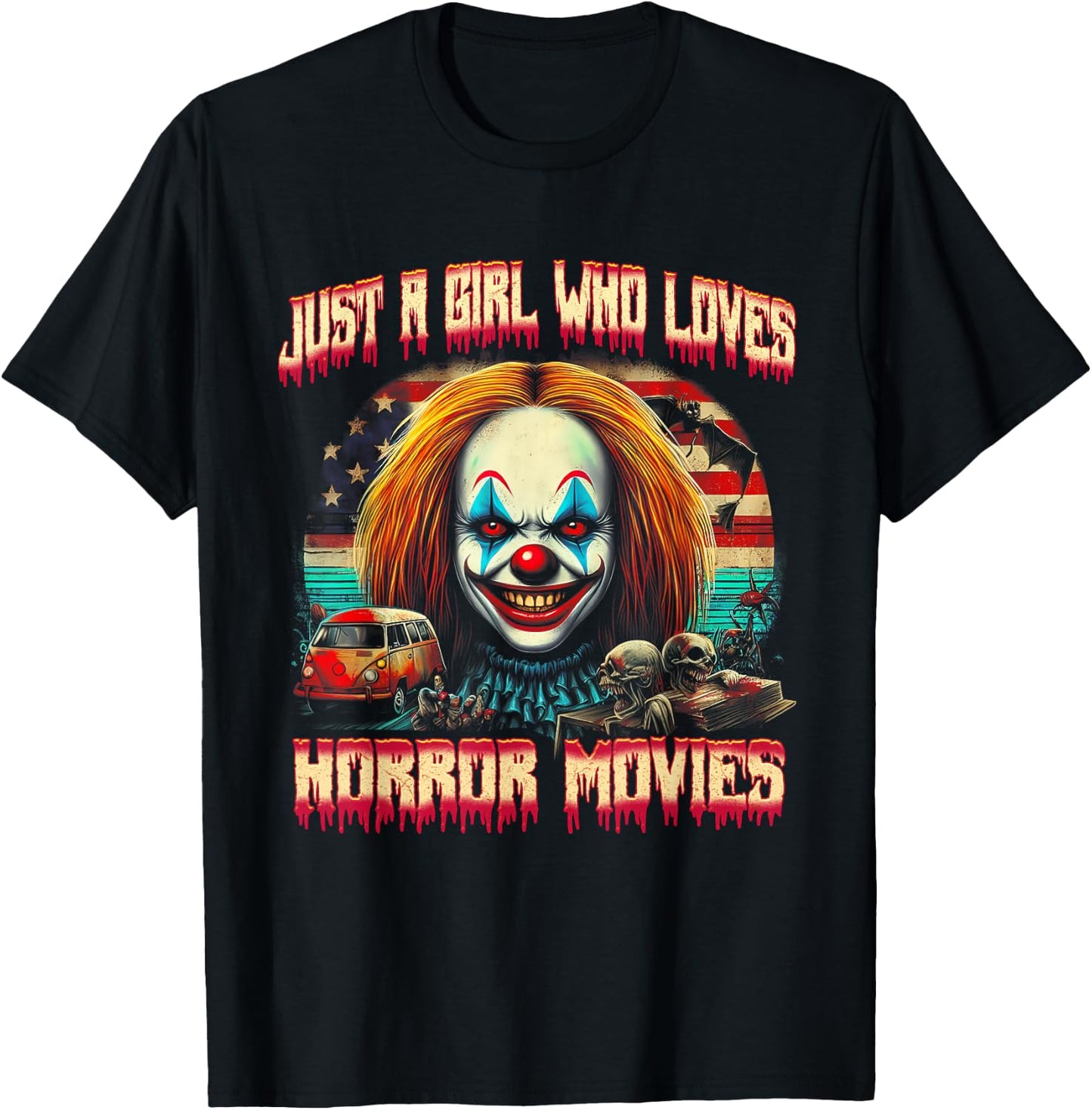 Vintage Just Girl Who Loves Horror Movies Clown Halloween T-Shirt - T-Shirt | Black