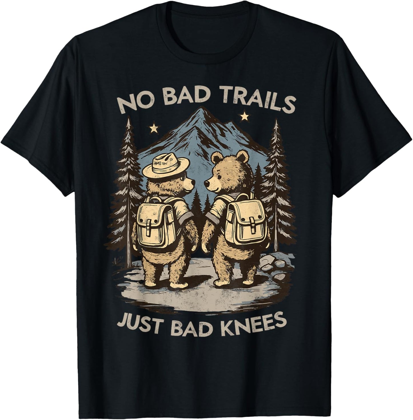 No Bad Trails Just Bad Knees Hiker Joke Hiking Bear Couple T-Shirt - T-Shirt | Black