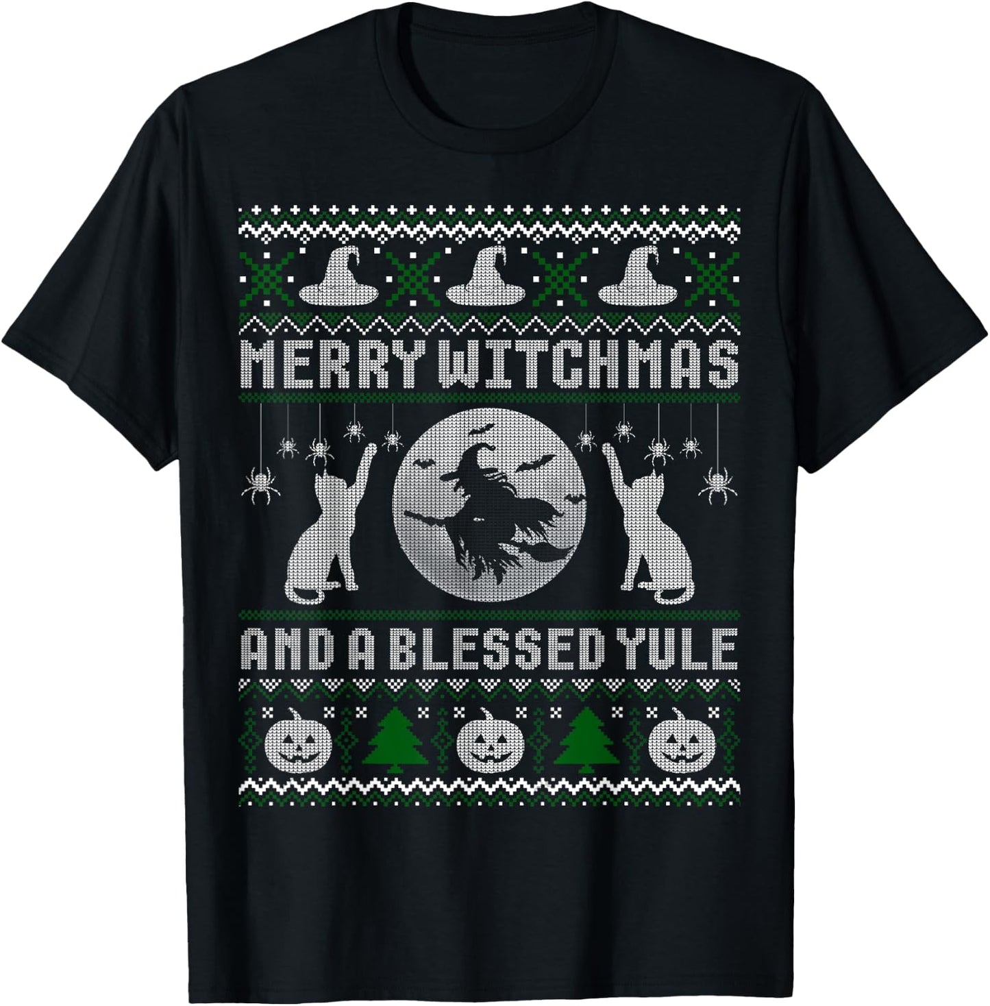 Merry Witchmas Cat Lover Ugly Christmas Sweaters Men Women Kids T-Shirt - T-Shirt | Black