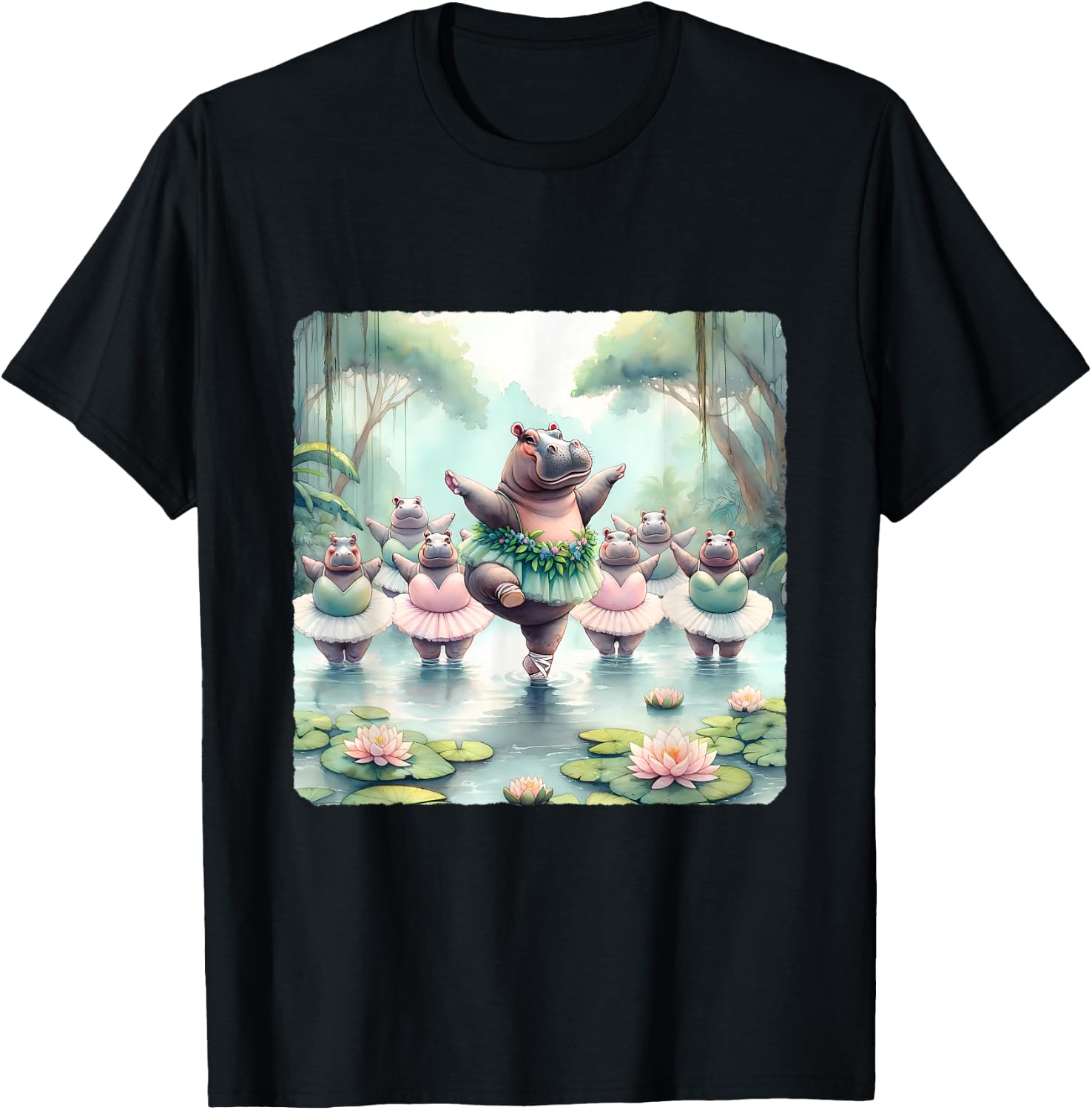 Hippos Ballet In River With Jungle Backdrop T-Shirt - T-Shirt | Black