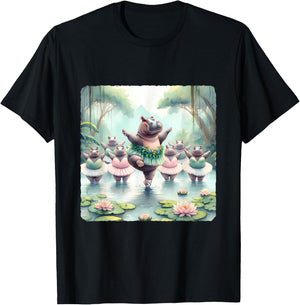Hippos Ballet In River With Jungle Backdrop T-Shirt - T-Shirt | Black