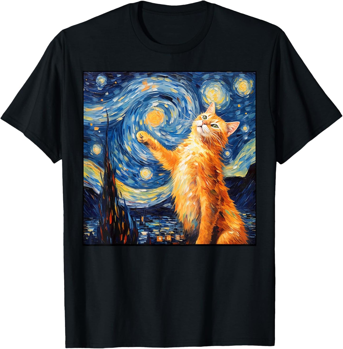 Art Van Gogh Starry Night Cat Painting Cats Lover Mom Dad T-Shirt - T-Shirt | Black