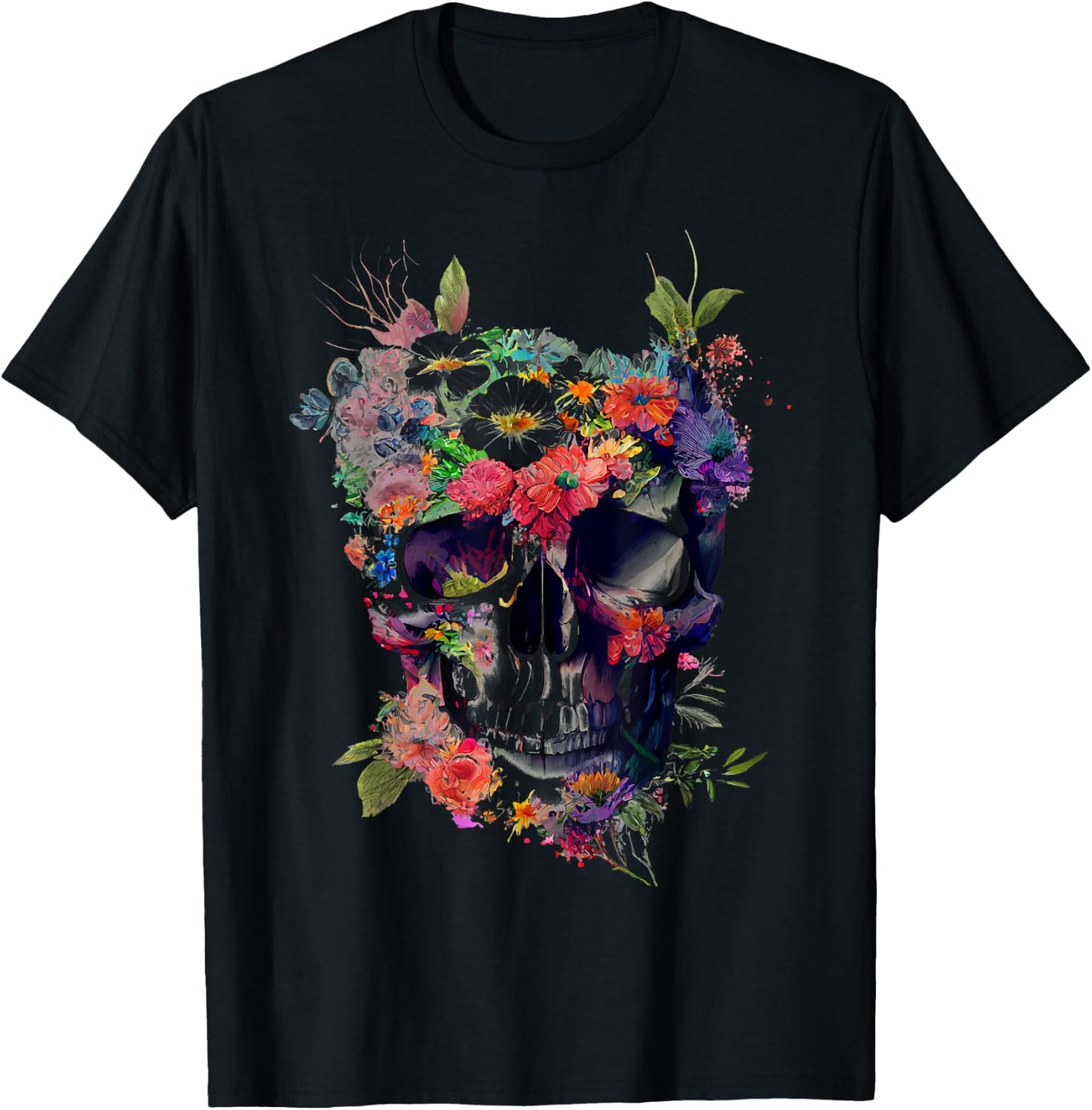 Totenkopf mit Blumen T-Shirt - T-Shirt | Black