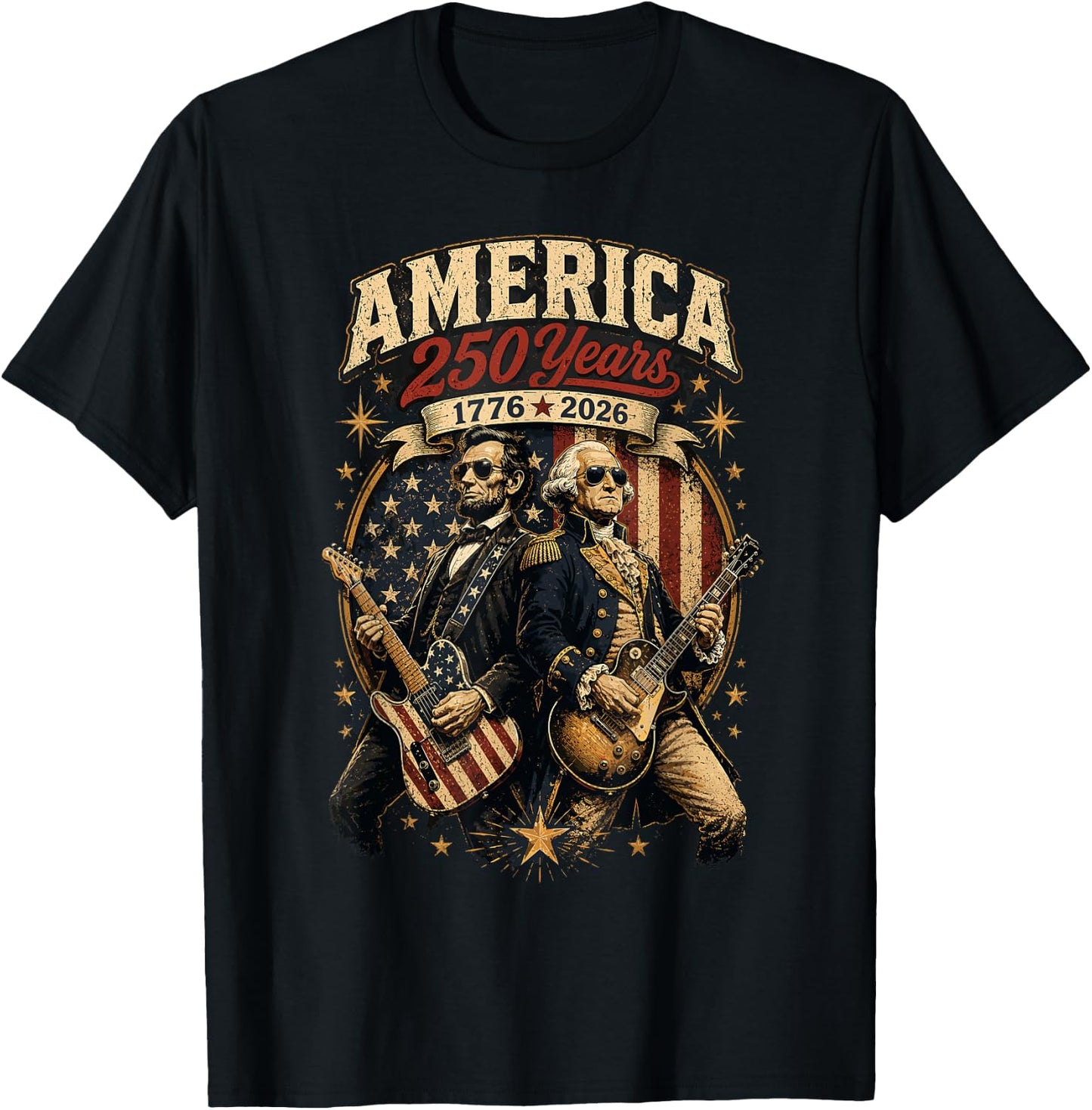 George Washington Abraham Lincoln Playing Guitar 4th July T-Shirt - T-Shirt | Black