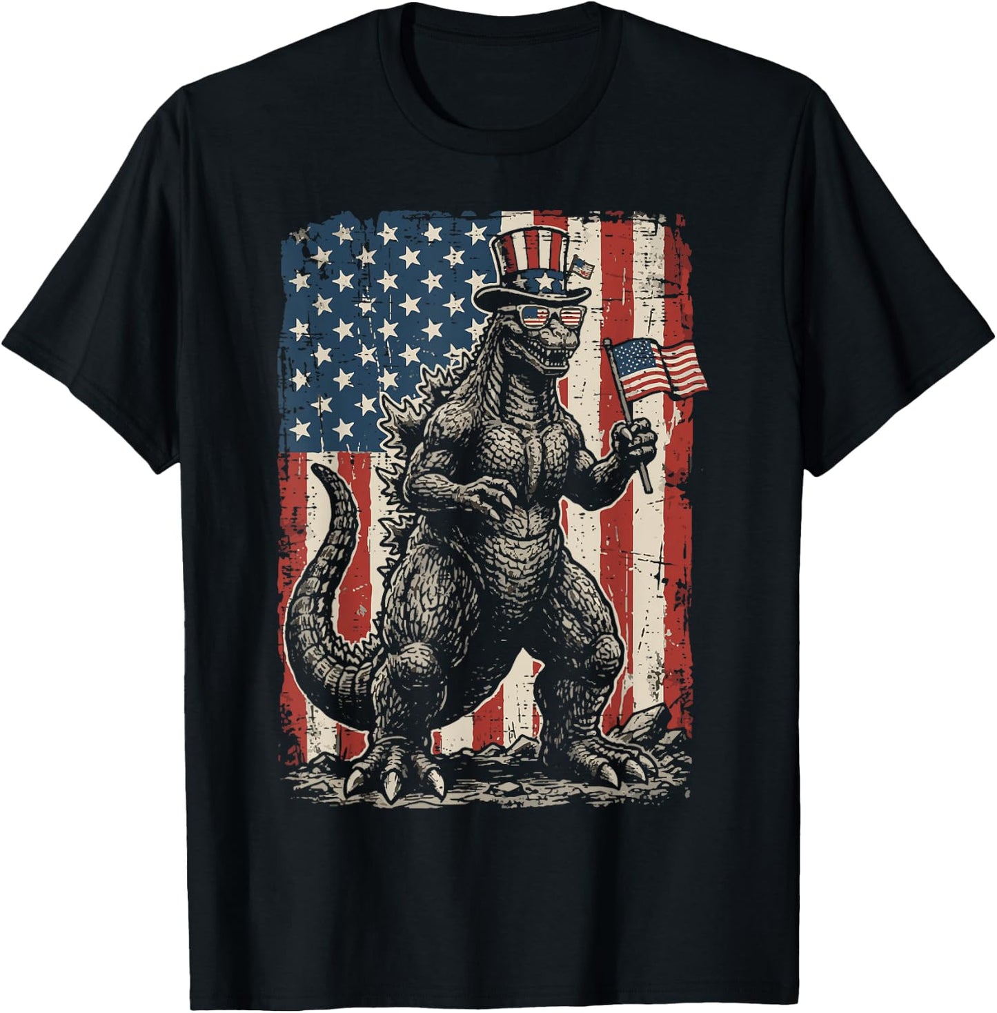 Japanese Lizard Monster US Flag 4th of July Men Women Kids T-Shirt - T-Shirt | Black