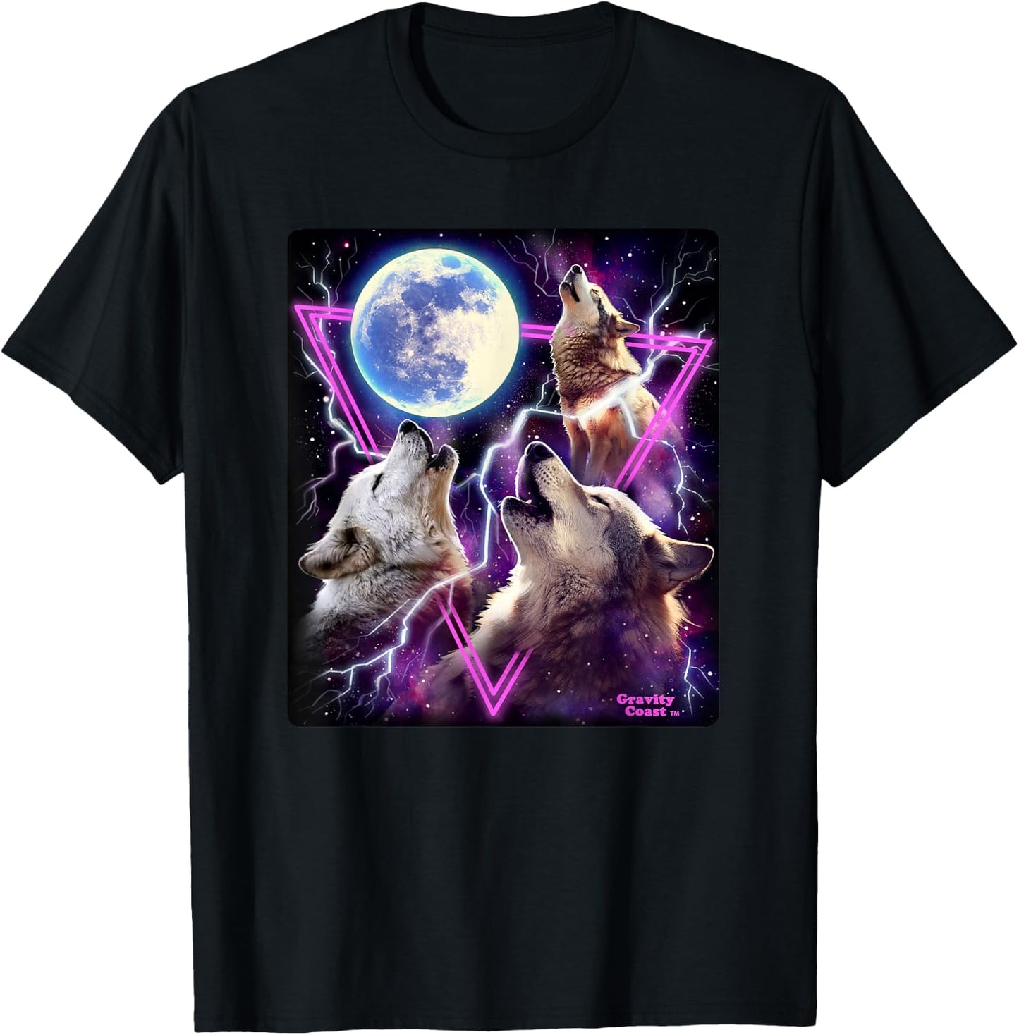 Epic Three Wolves Howling at The Moon 80's Poster Style Wolf T-Shirt - T-Shirt | Black