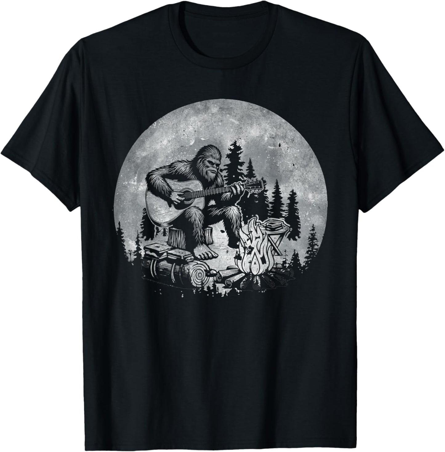 Rock Music Bigfoot Camping Full Moon Bigfoot Playing Guitar T-Shirt - T-Shirt | Black