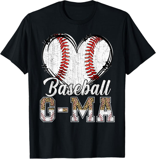 Softball Baseball G-ma Heart Leopard Print Mother's Day T-Shirt - T-Shirt | Black