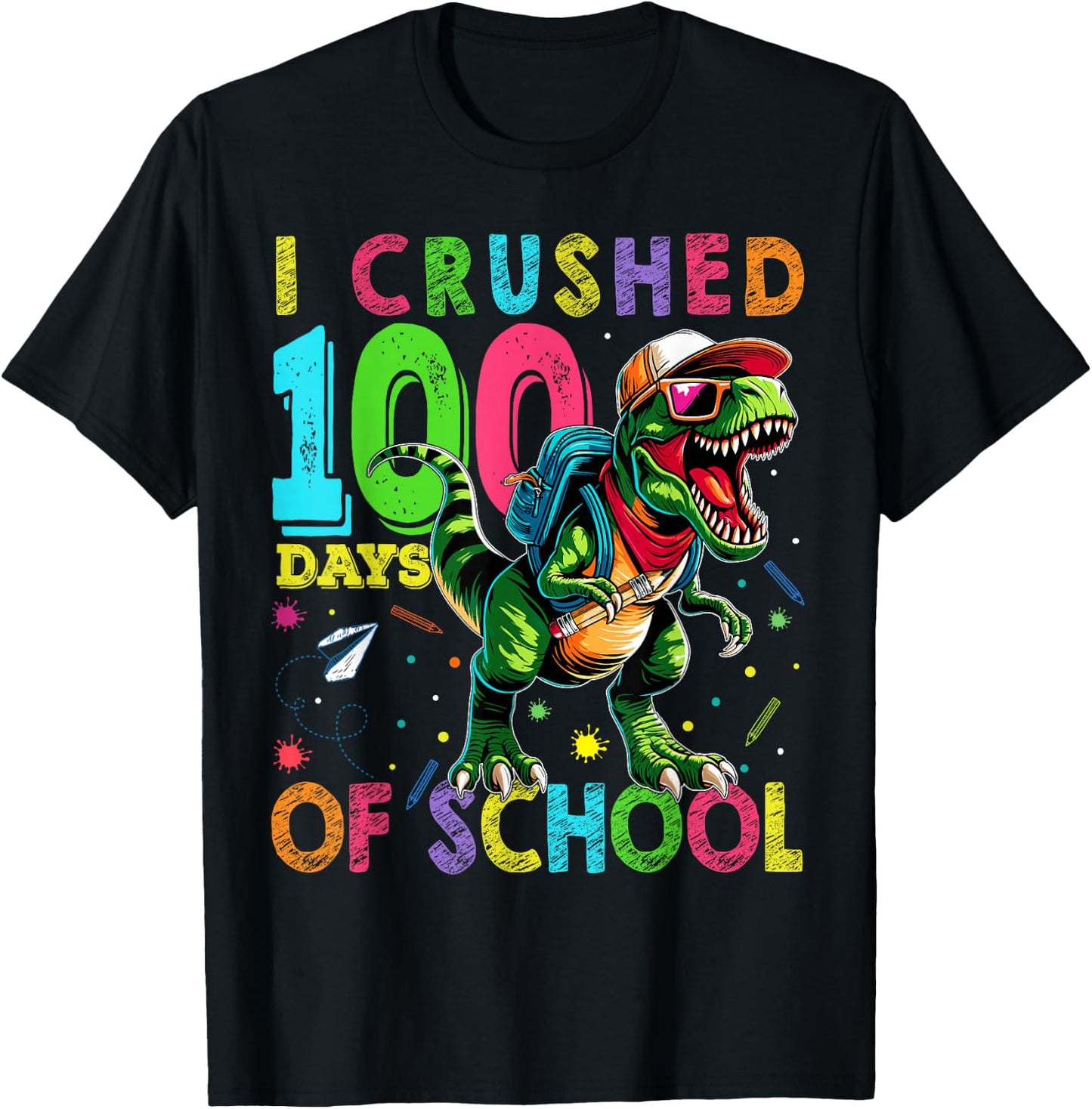 I Crushed 100 Days of School T Rex Dinosaur Teacher Boy Gift T-Shirt - T-Shirt | Black