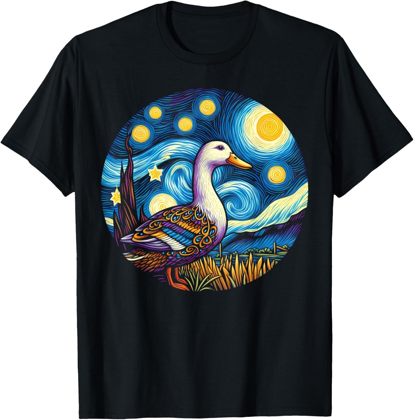 Duck Under Starry Night Sky Art Graphic Christmas T-Shirt - T-Shirt | Black