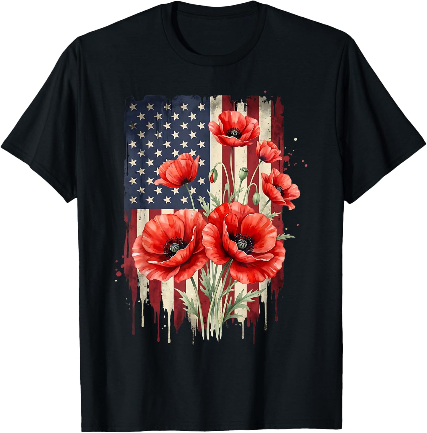 Vintage Red Poppy Flower American Flag 4th of July Poppies T-Shirt - T-Shirt | Black