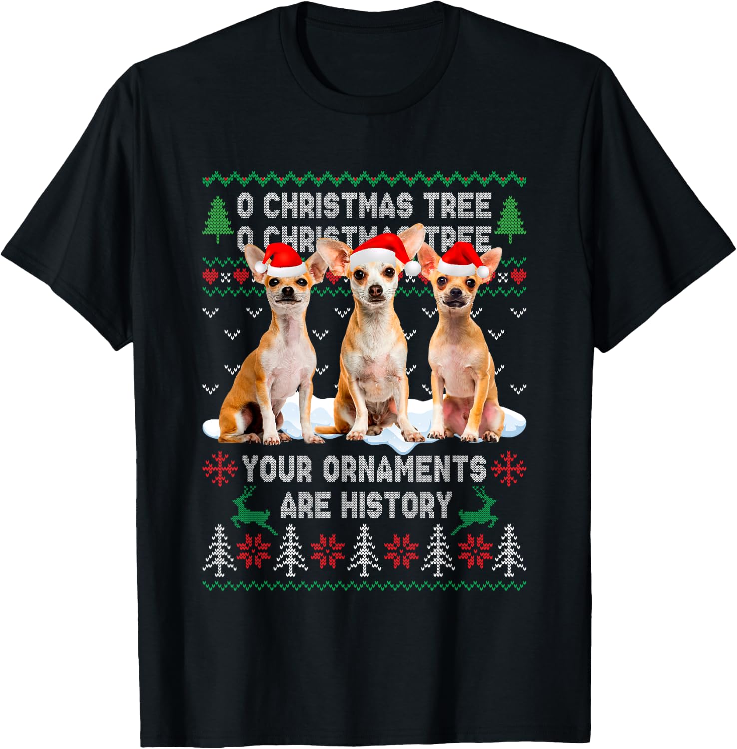 Cute Chihuahua Dog Oh Christmas Tree Ugly Xmas Women Kids T-Shirt - T-Shirt | Black