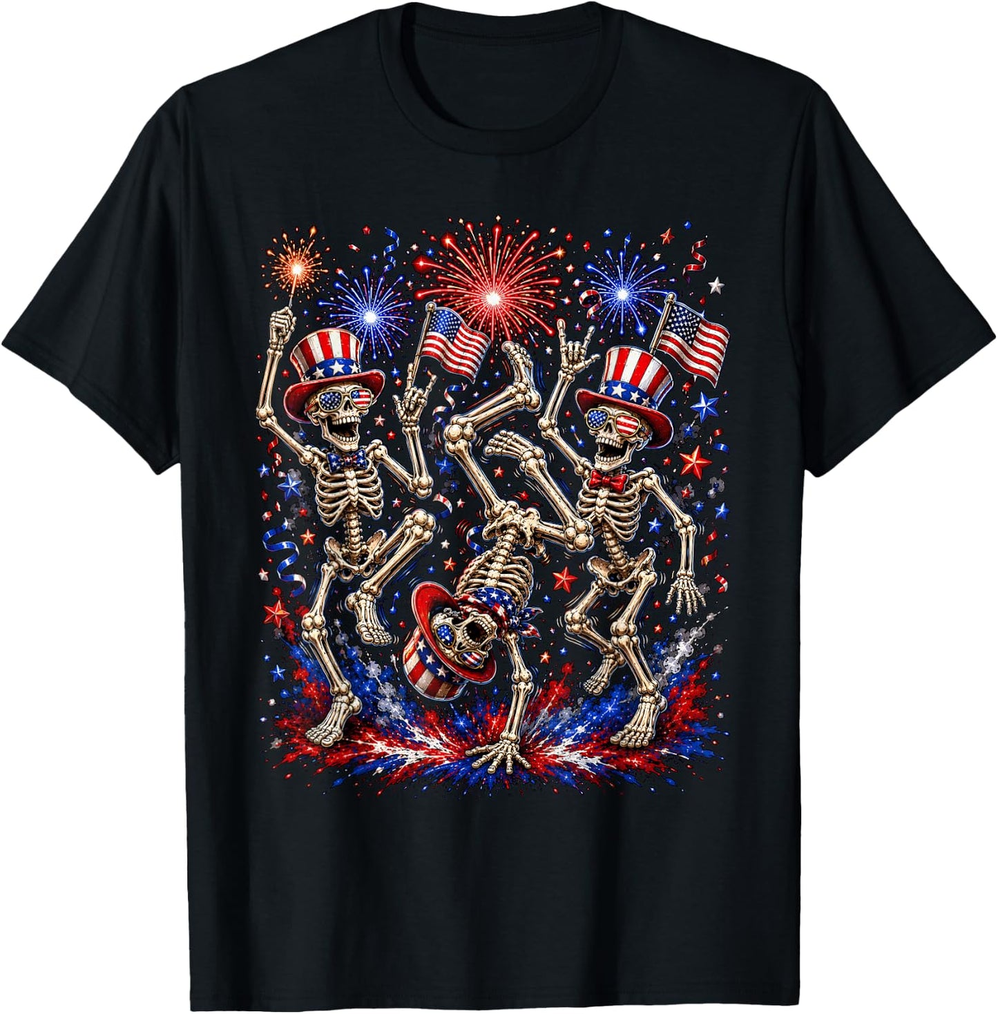 USA Fireworks Patriotic Dancing Skeletons 4th of July Gothic T-Shirt - T-Shirt | Black