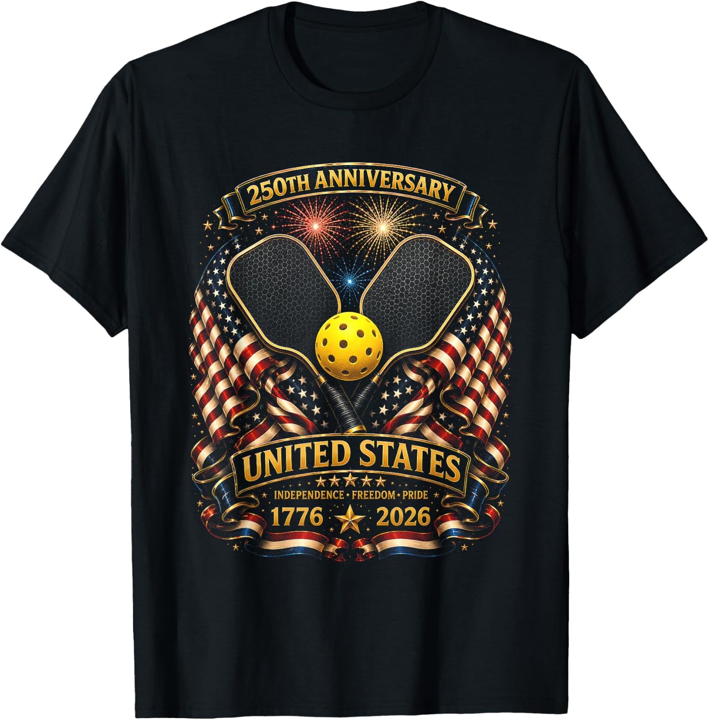 Pickleball 4th of July 250 Years 250th Anniversary USA T-Shirt - T-Shirt | Black