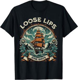 Vintage Loose Lips Sink Ships Traditional Nautical Sailor T-Shirt - T-Shirt | Black