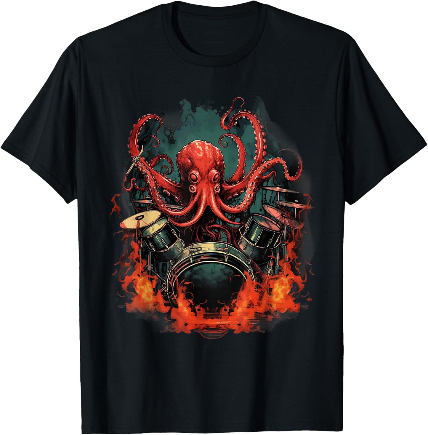 Octopus Japanese Playing Drums Drummer Drumming Musician T-Shirt - T-Shirt | Black