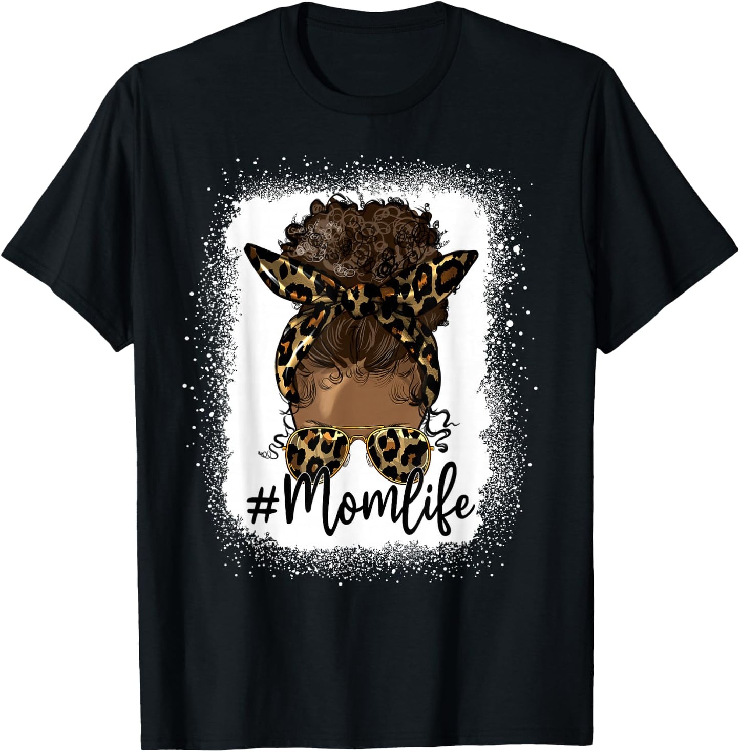 Mom Life Black Women Afro Messy Bun Leopard Mother's Day T-Shirt - T-Shirt | Black