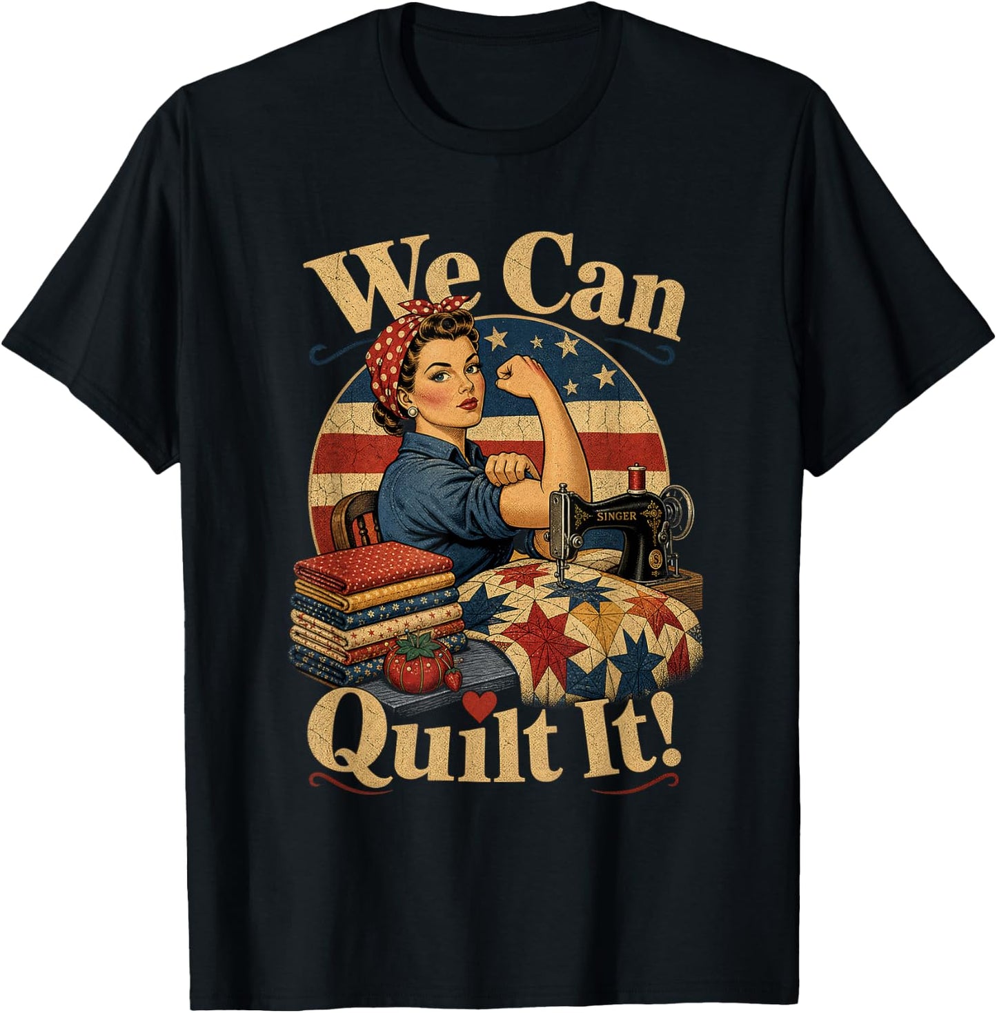 We Can Quilt It Rosie Riveter Quilting Sewing Machine Craft T-Shirt - T-Shirt | Black