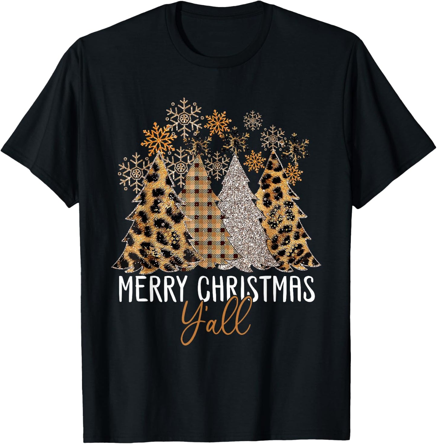 Family 2024 Merry Christmas Y'All Tree Leopard Pajamas T-Shirt - T-Shirt | Black