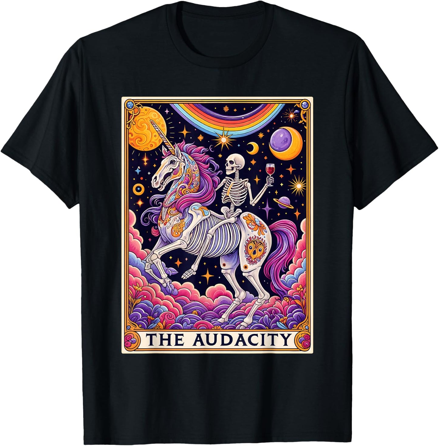 The Audacity Tarot Card Shirt Rainbow Skeleton Unicorn Lovers , black T-Shirt - T-Shirt | Black