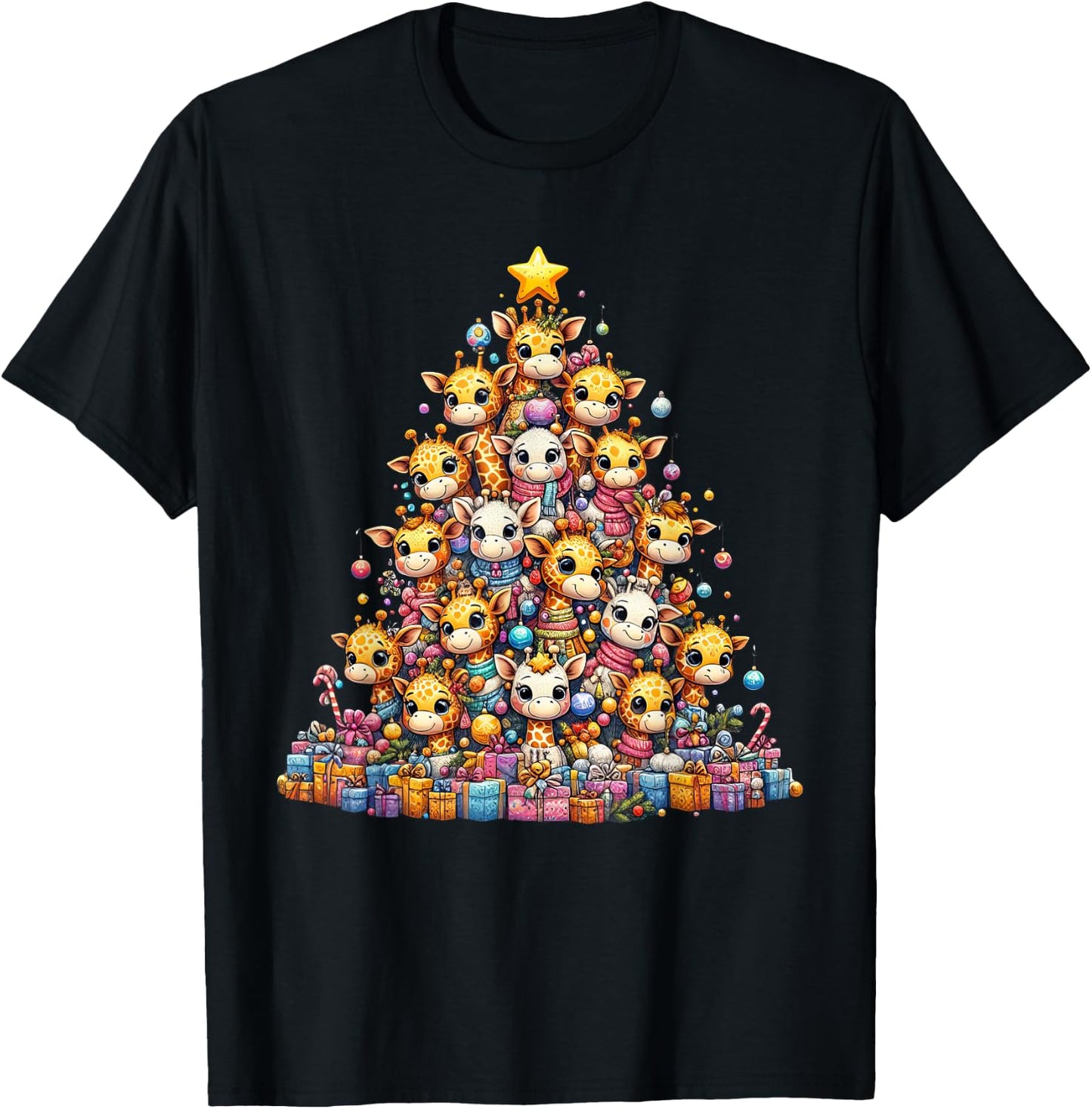 Cute Giraffe Christmas Tree Kids Funny T-Shirt - T-Shirt | Black
