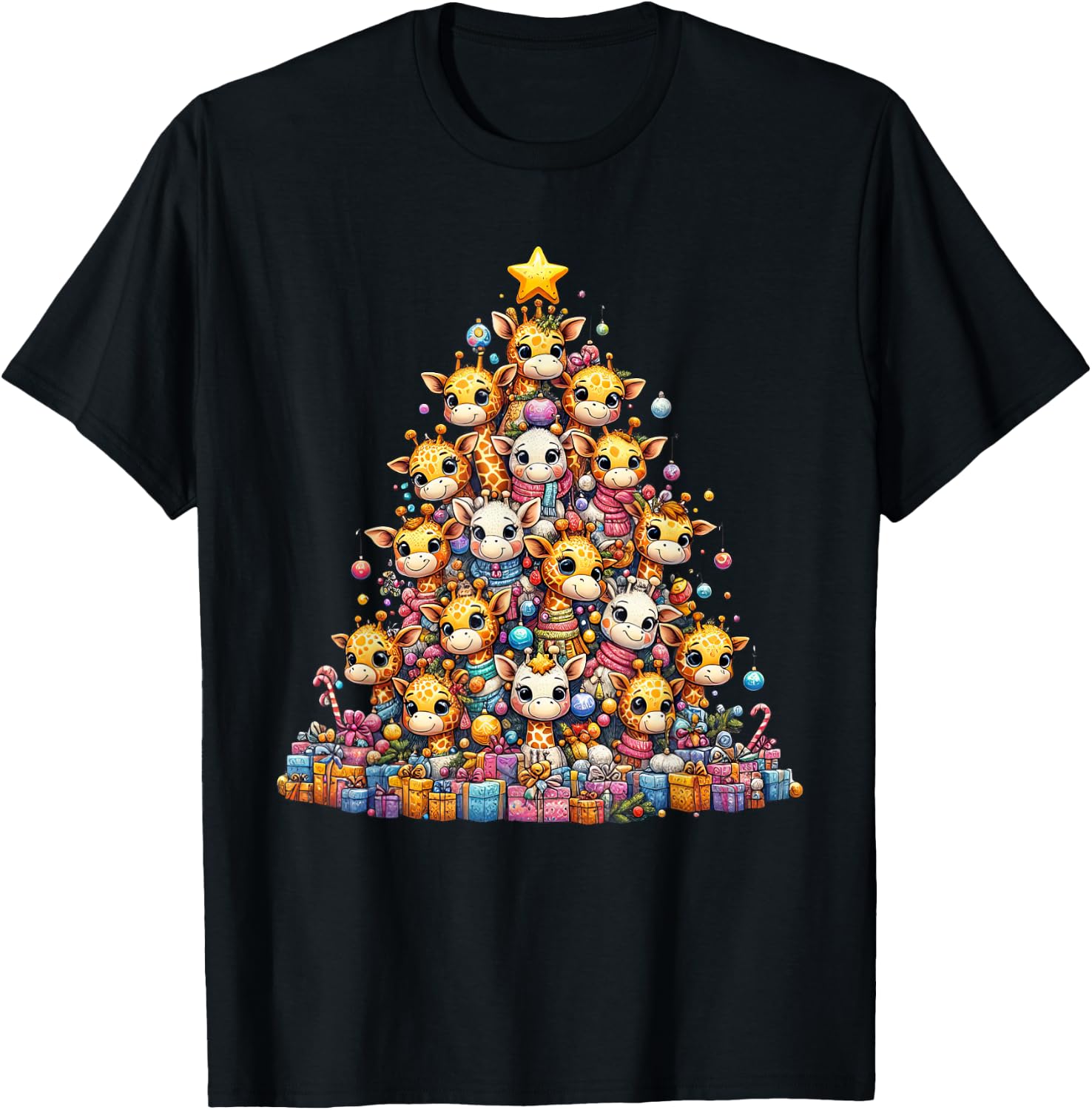 Cute Giraffe Christmas Tree Kids Funny T-Shirt - T-Shirt | Black