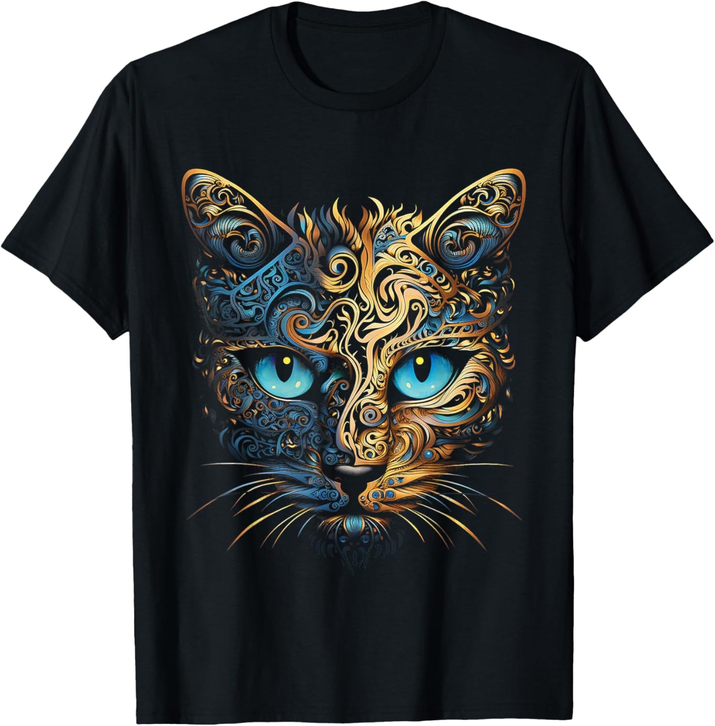 Cat Fantasy Blue Eyes Mandala Animal Art Cat , black T-Shirt - T-Shirt | Black