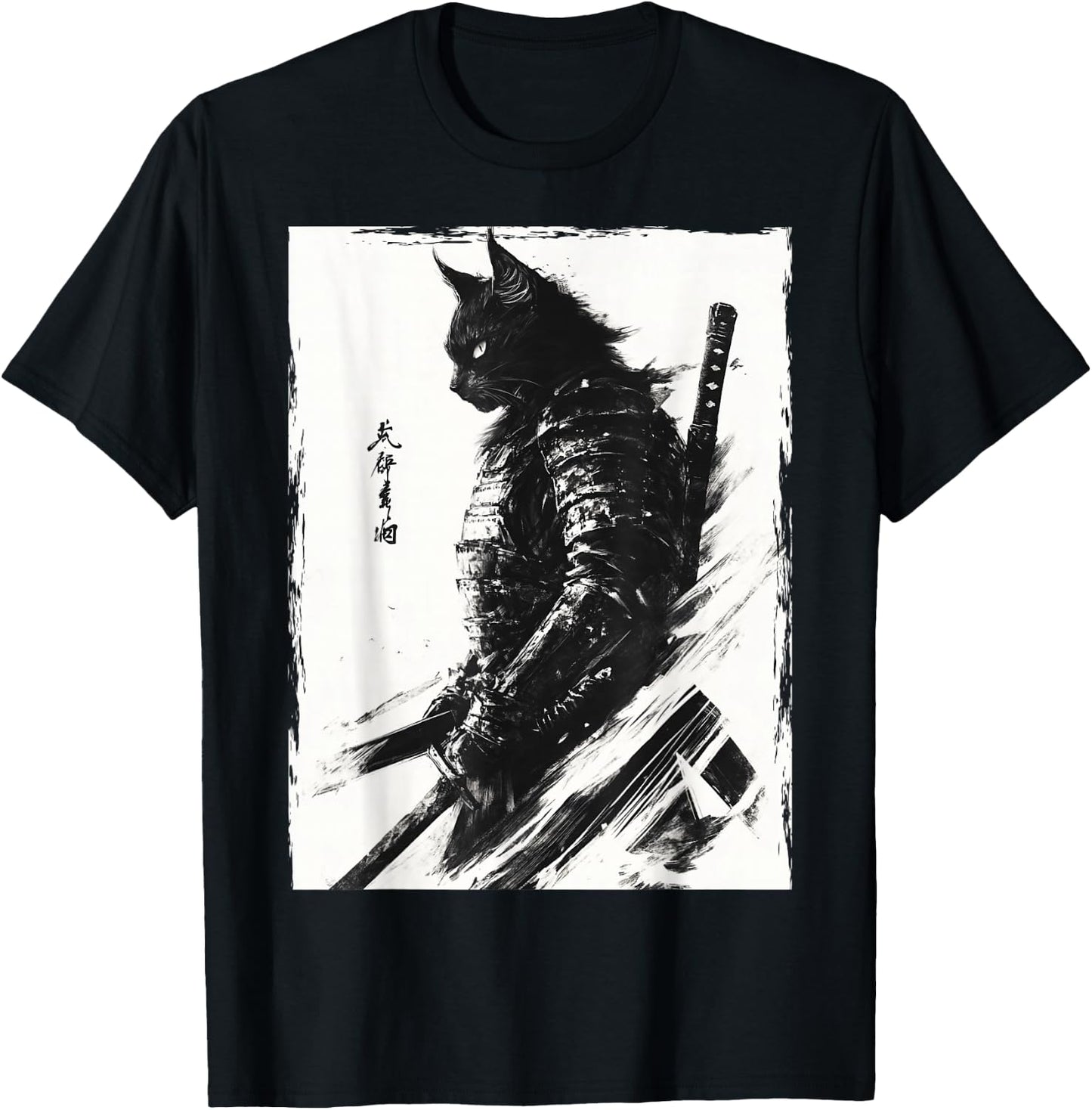 Samurai Warrior Cat Vintage Japanese Art Anime T-Shirt - T-Shirt | Black