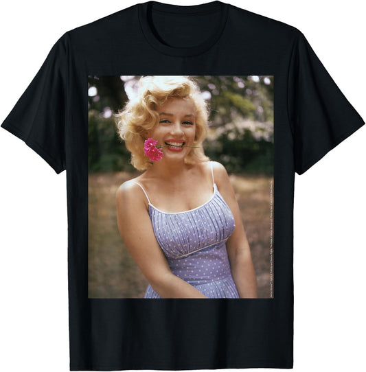 Blue Dress Smiling with Flower Color Portrait by Sam Shaw T-Shirt - T-Shirt | Black