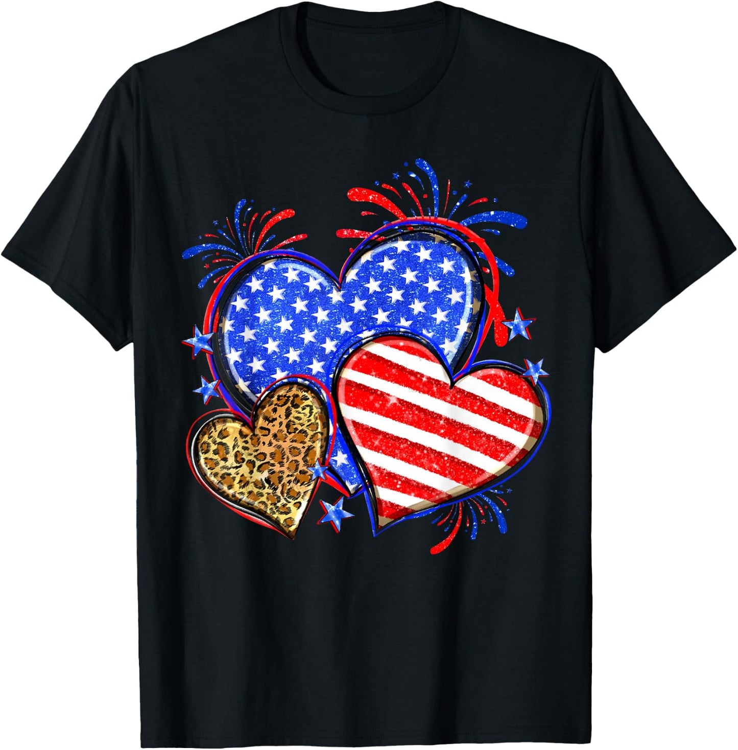 USA Flag Heart 4th Of July Leopard Patriotic Red White Blue T-Shirt - T-Shirt | Black