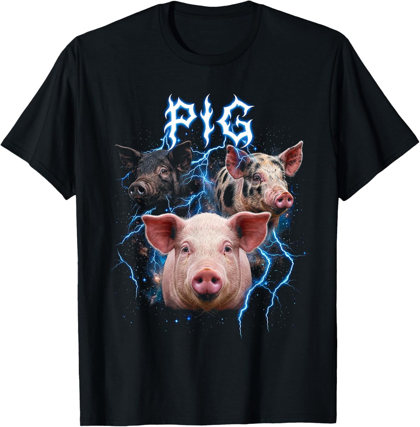 Pig Vintage 90s Heavy Metal Retro Pig Farm Animal Lover Pig T-Shirt - T-Shirt | Black