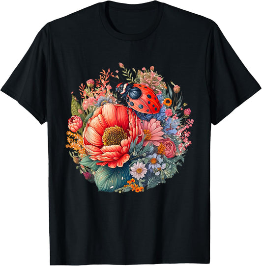 Cute Cottagecore Floral Ladybug Aesthetic Girl Women Graphic T-Shirt - T-Shirt | Black