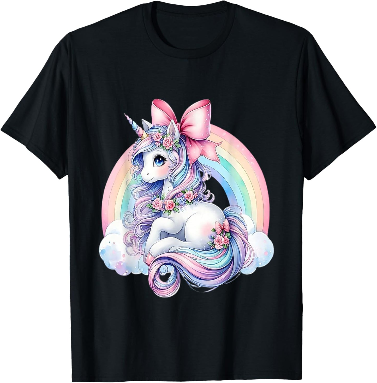 Rainbow Unicorn with Bow T-Shirt - T-Shirt | Black