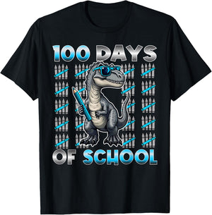 Dinosaur T Rex 100 Days of School Apparel 100 Days Smarter Kids -Kids Black Small Modern Straight Fit Cotton with Cartoon Dinosaur Pattern Short Sleeve T-Shirt - T-Shirt | Black