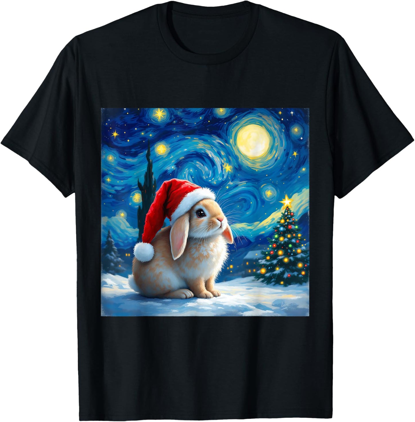Christmas Rabbit Santa Hat Van Gogh Starry Night Holiday T-Shirt - T-Shirt | Black