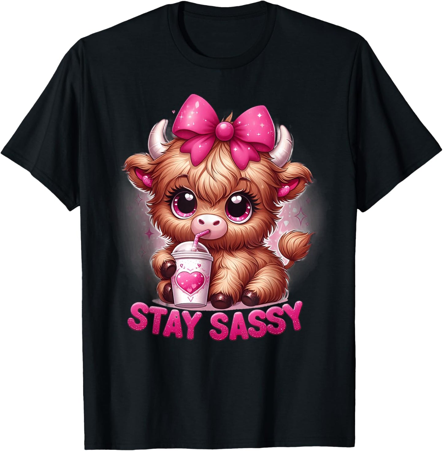 Baby Highland Cow Coffee Pink Bow Stay Sassy Girl Women's Cute T-Shirt - T-Shirt | Black
